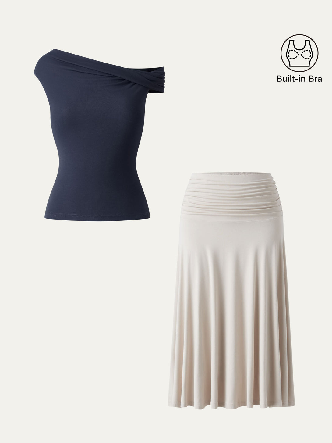 2Pcs Set Multi-wear Versatile Necklines Brami Top & Flowy Side Ruched A-line Midi Skirt Midnight Navy/Fog XS