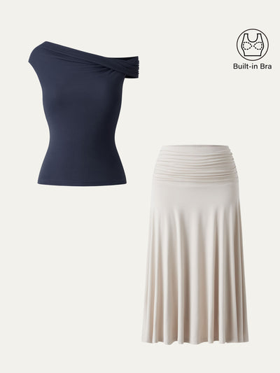 2Pcs Set Multi-wear Versatile Necklines Brami Top & Flowy Side Ruched A-line Midi Skirt Midnight Navy/Fog XS