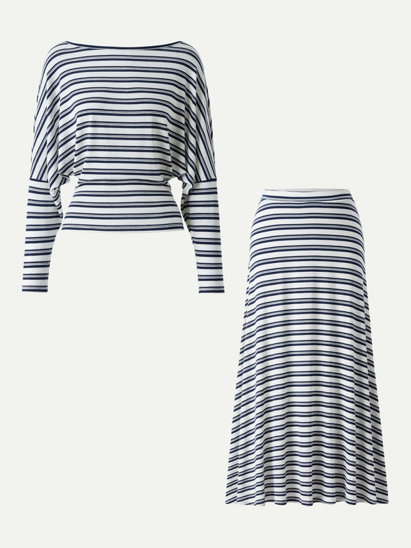 2Pcs Set Striped Boatneck Batwing Sleeves Top & A-Line Circle Maxi Skirt