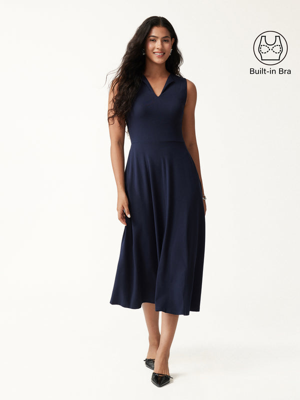 OGLmove Ribbed Collared V-Neck Sleeveless A-Line Midi Bra Dress with Pockets Navy XXS
