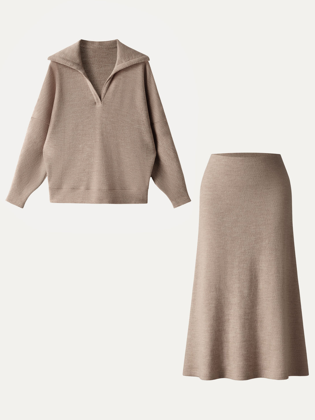 2Pcs Set Collared V-Neck Batwing Sleeve Pullover & Ribbed Midi Pull-on Skirt Heather Taupe XS