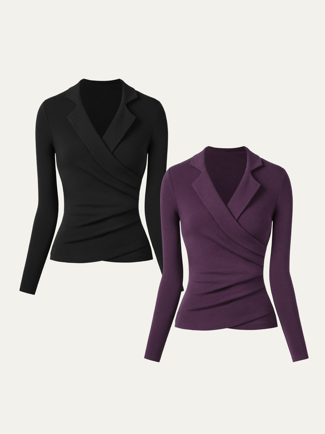 2Pcs Set Collared Surplice Top Black/Deep Fig XS