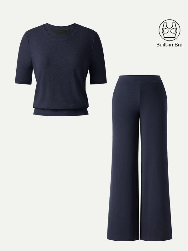 OGLmovede 2Pcs Set Regular Mid Rise Wide Leg Pants & Crewneck Bra Top Smoky Navy XXS