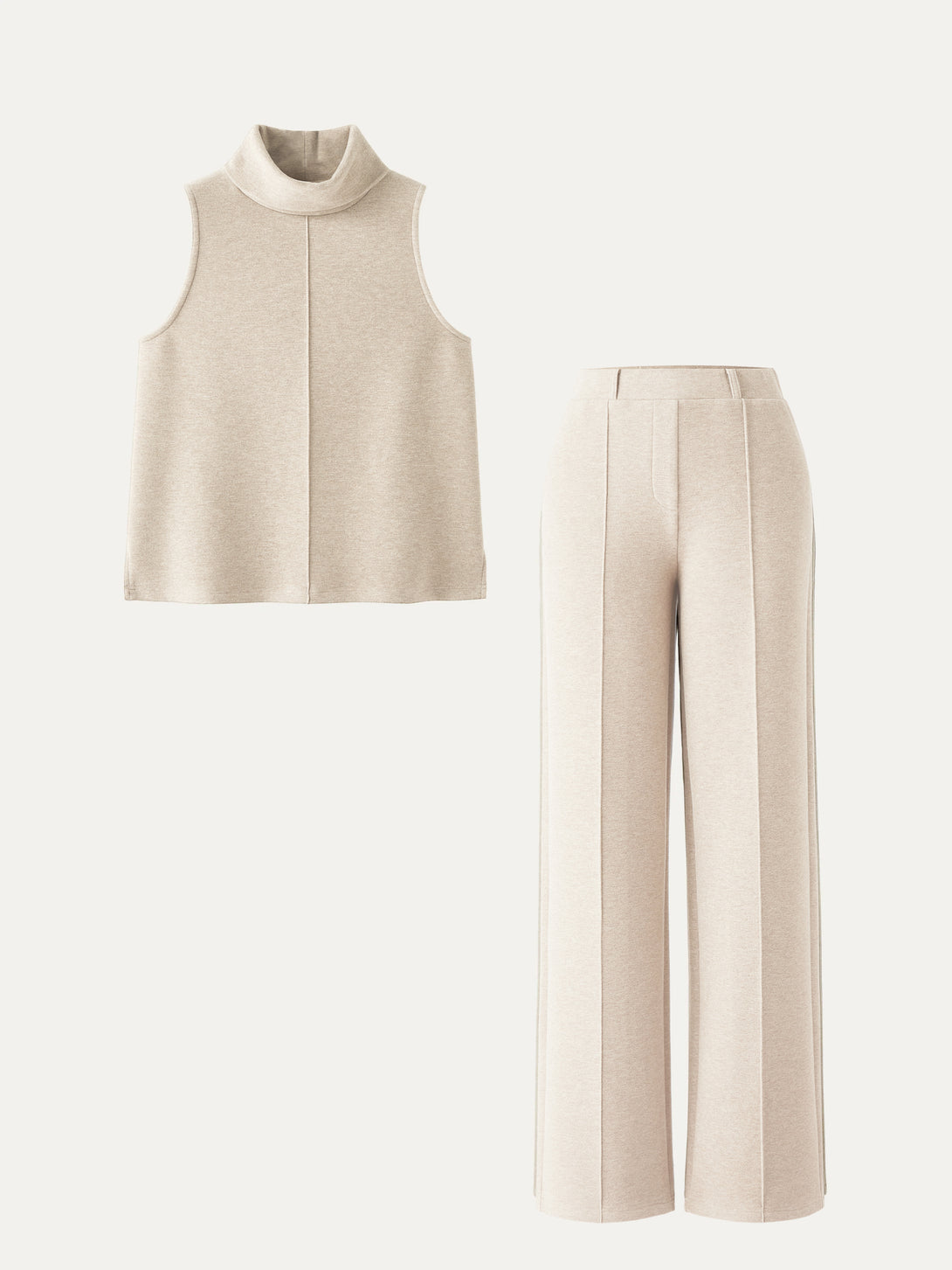2Pcs Set Tall High Waisted Straight Leg Pant & Split Hem Top Heather Beige XS