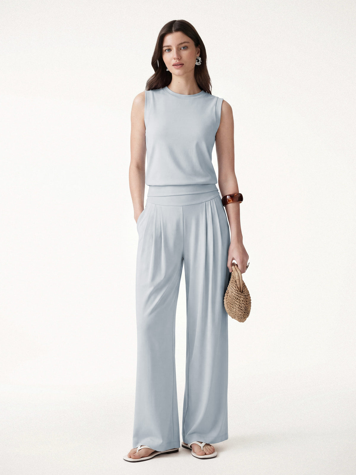 2Pcs Set Crew Neck Top & Flowy Tucked Palazzo Pant Pockets