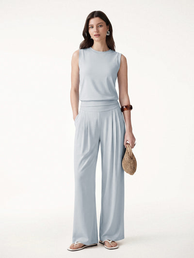 OGLmove 2Pcs Set Crew Neck Top & Flowy Tucked Palazzo Pant with Pockets Smoke Blue XS