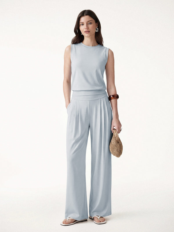 OGLmove 2Pcs Set Crew Neck Top & Flowy Tucked Palazzo Pant with Pockets Smoke Blue XS
