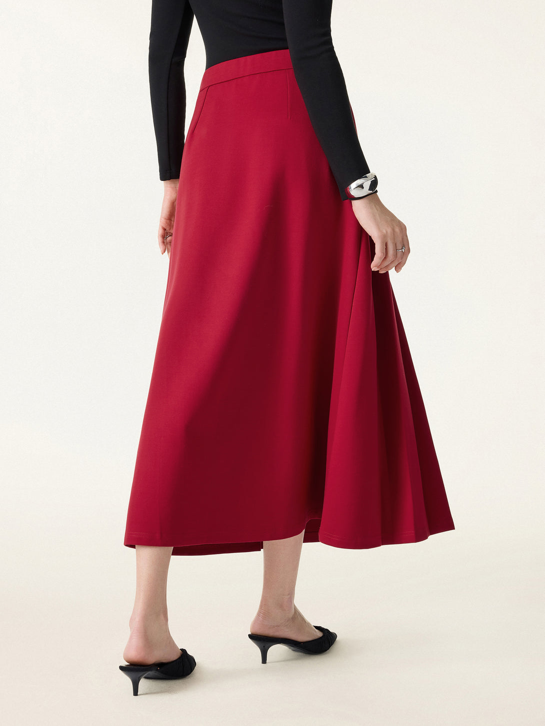 Pleated Frog Button Decor Midi A-line Skirt