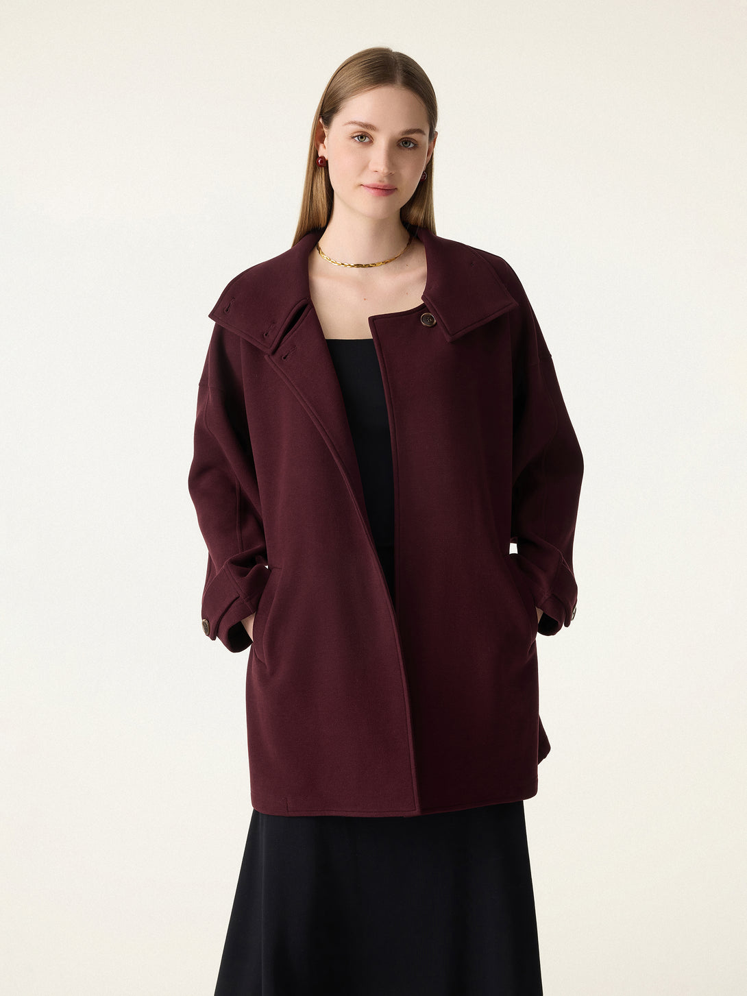 2Pcs Set Stand Collar Belted Coat & Mid Rise Straight Pull-on Pants with Pockets