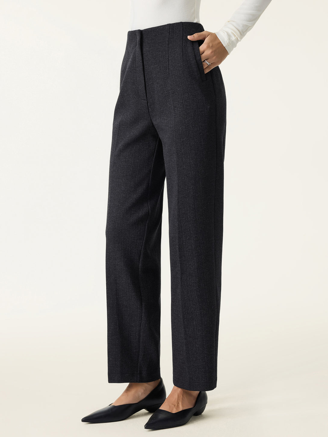 Herringbone High Rise Tapered Leg Trousers with Pockets Regular Onyx Black