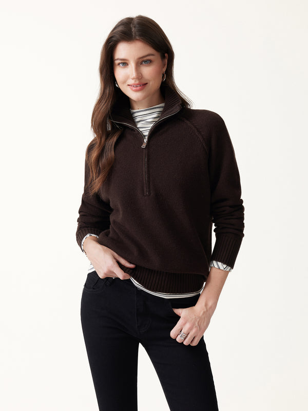 OGLmove Merino Wool Cashmere Mock Neck Raglan Sleeve 1/2 Zipper Sweater Espresso Brown XXS