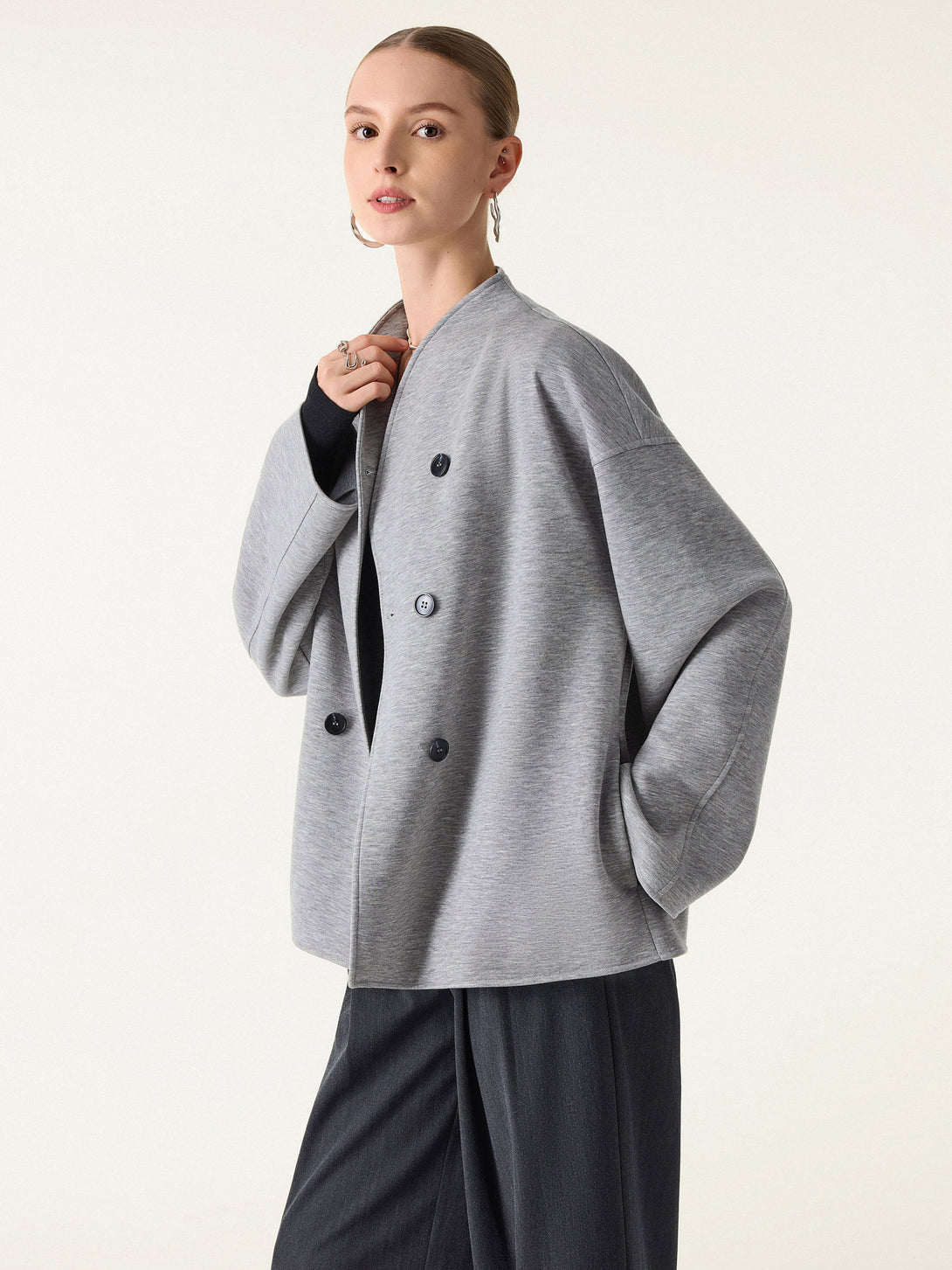 Stand Collar Double-Breasted Knit Jacket with Pockets