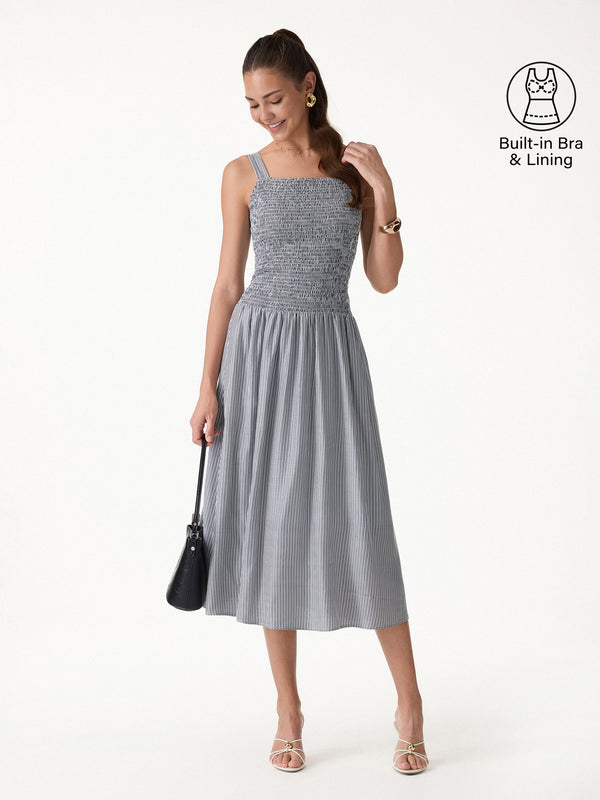 OGLmove Striped Poplin Square Neck Smocked Midi Bra Dress Grey/White Stripe XS