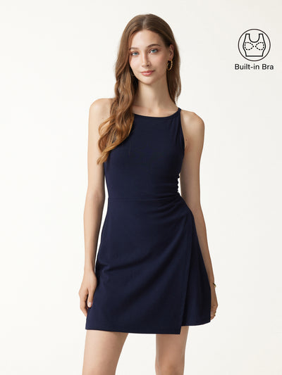 OGLmove Viscose-Cotton Boatneck Sleeveless Wrap Mini Bra Dress Navy XXS