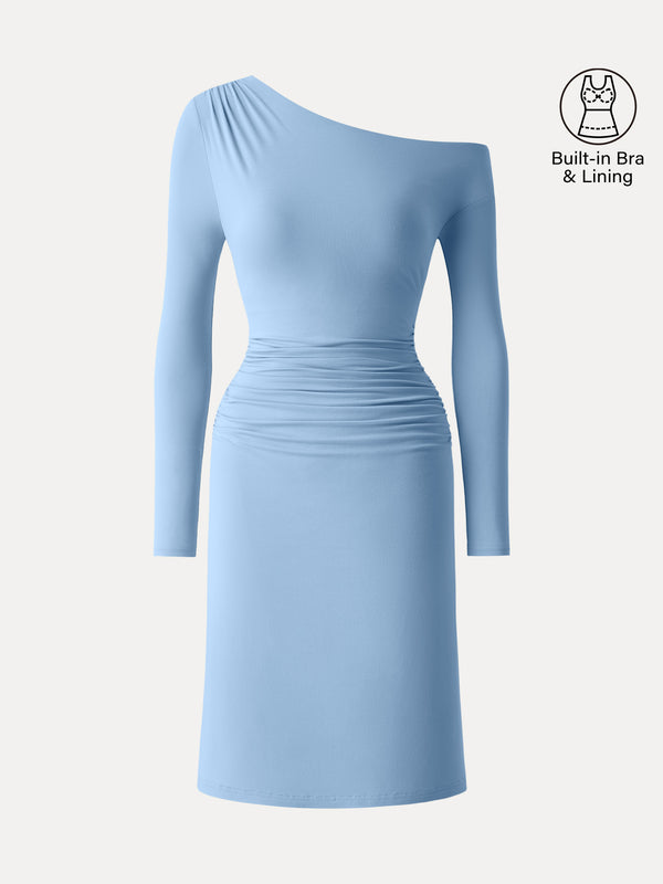 OGLmove SkinKiss Asymmetrical Neck Ruched Knee Bra Dress