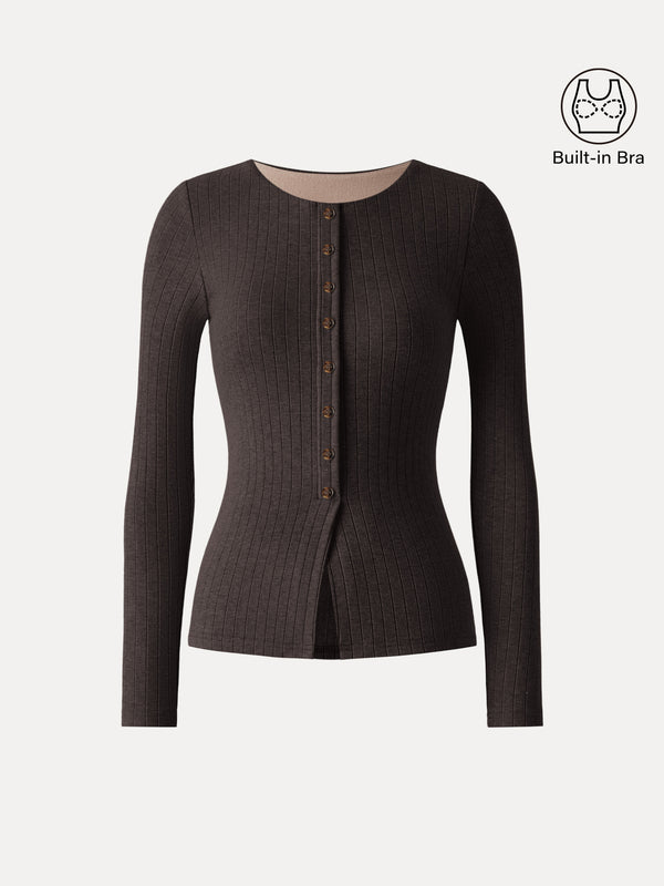 Novelty Crewneck Faux Button Placket Brami Black Chocolate XS