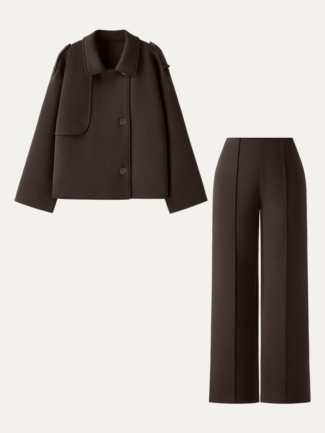 2Pcs Set Convertible Collar Buttoned Coat & Tummy-Control The Comfort Pant Wood XS
