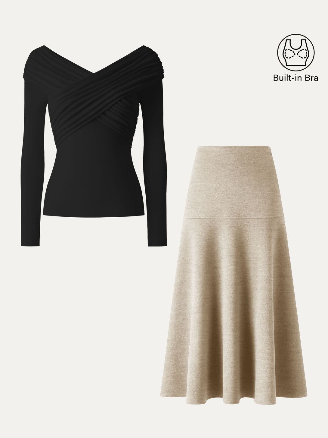 2Pcs Set Ruched V-Neck Surplice Brami & Cashmere-like Flared Maxi Skirt