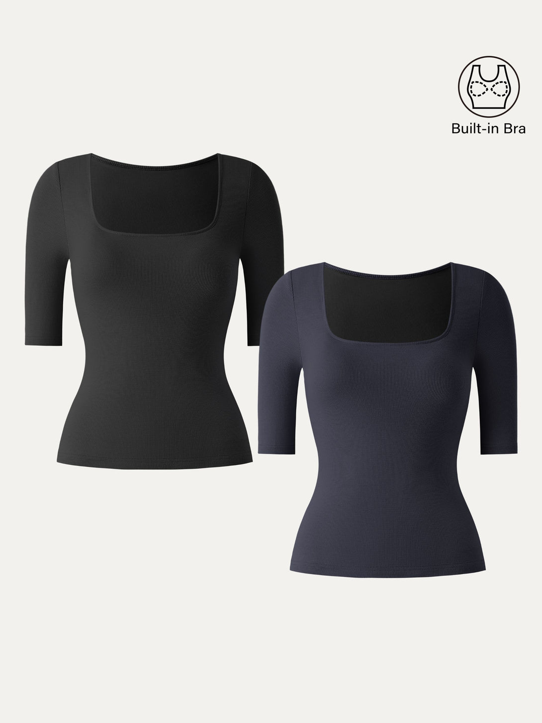 2Pcs Set Stretch Cotton Square Neck Elbow Length Sleeve Brami Black/Smoky Navy XS