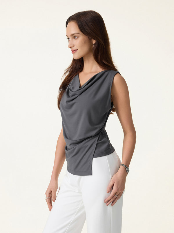 Cowl Neck Asymmetrical Tucked Sleeveless Top
