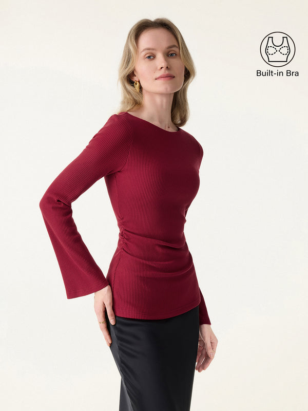 Ribbed Boatneck Bell Sleeve Ruched Brami