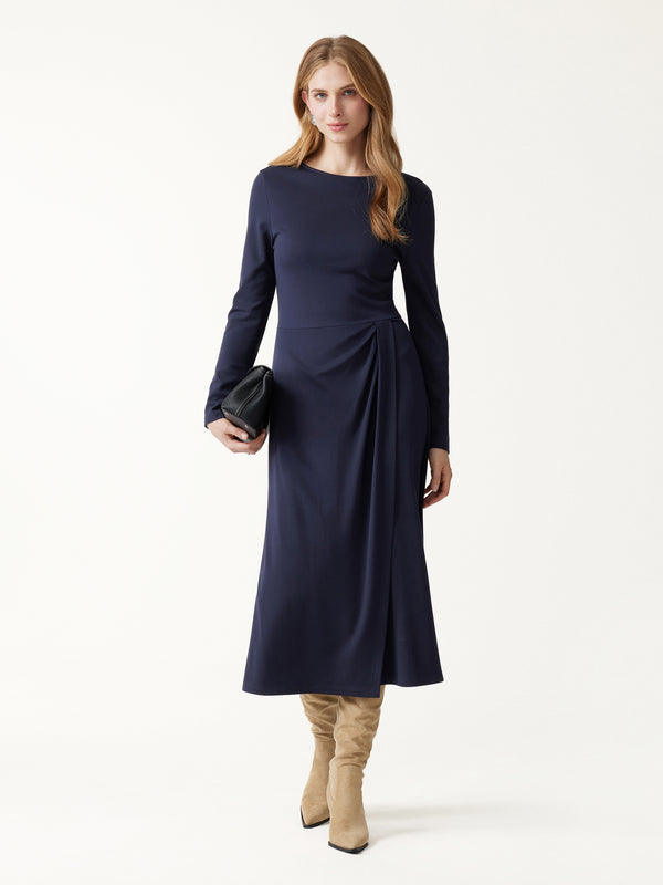 OGLmove Viscose Ponte Boatneck Long Sleeve Tucked Midi Dress Smoky Navy XXS