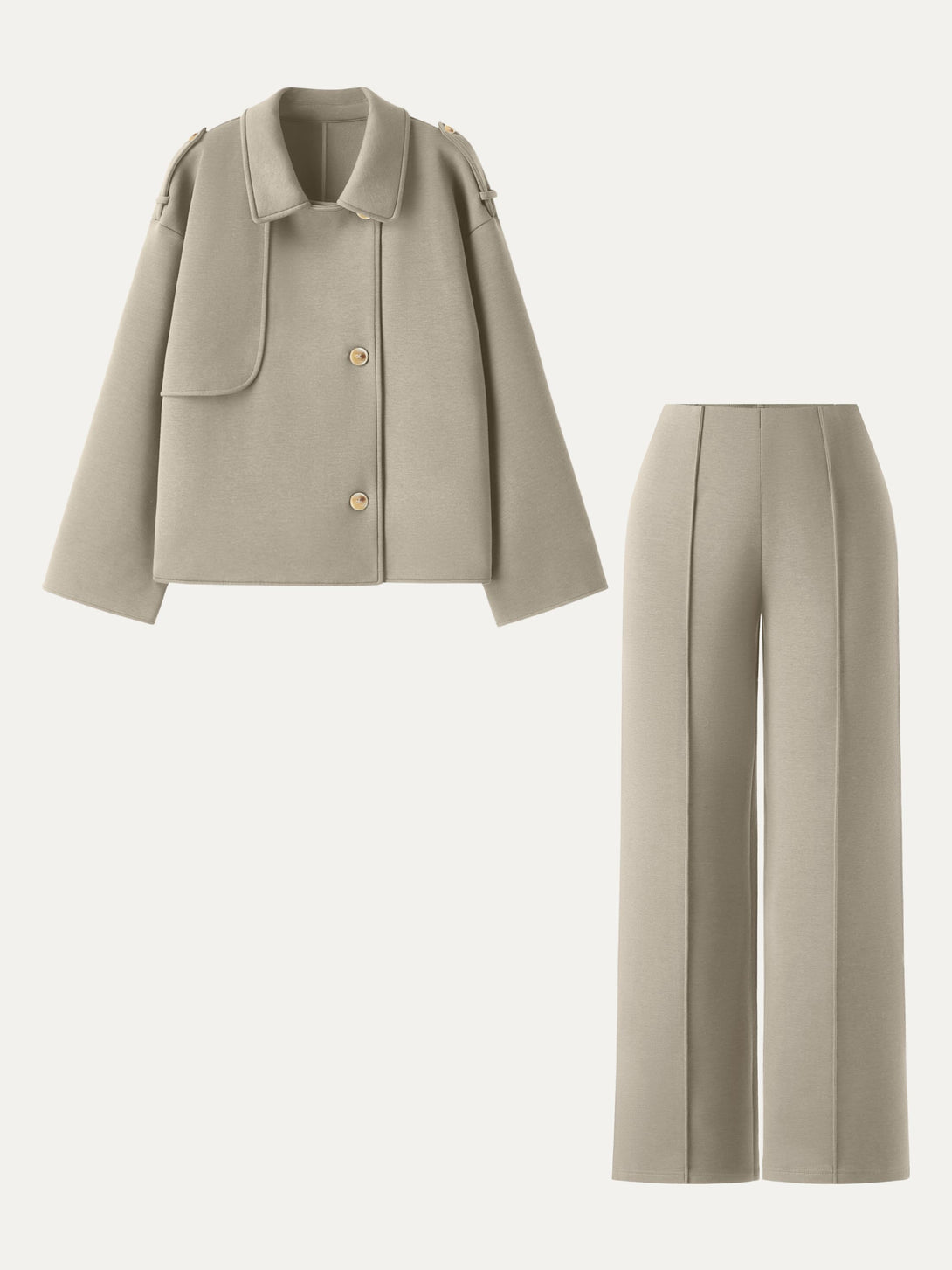 2Pcs Set Convertible Collar Buttoned Coat & Tummy-Control The Comfort Pant Limestone XS