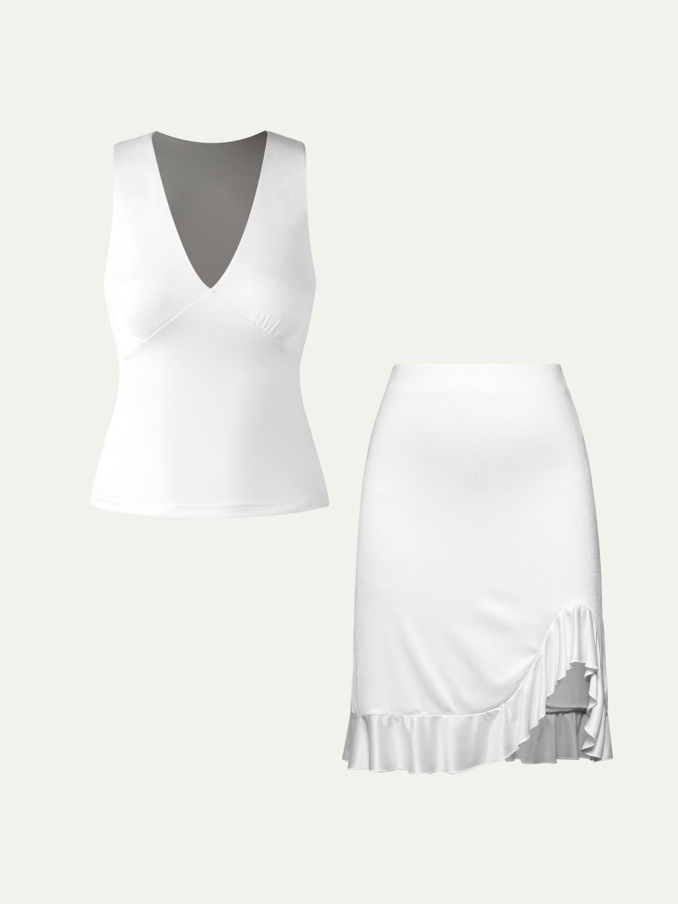 Acetate Casette Plunge-V Tank & Ruffle Above-the-Knee Skirt 2Pcs Set - White