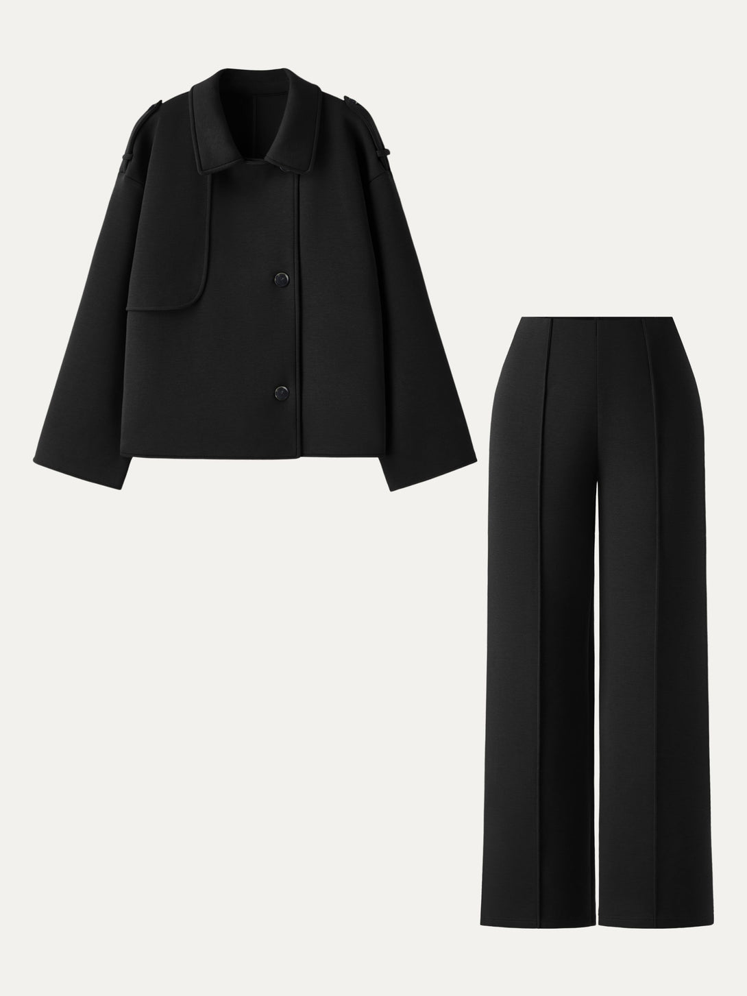 2Pcs Set Convertible Collar Buttoned Coat & Tummy-Control The Comfort Pant Black XS