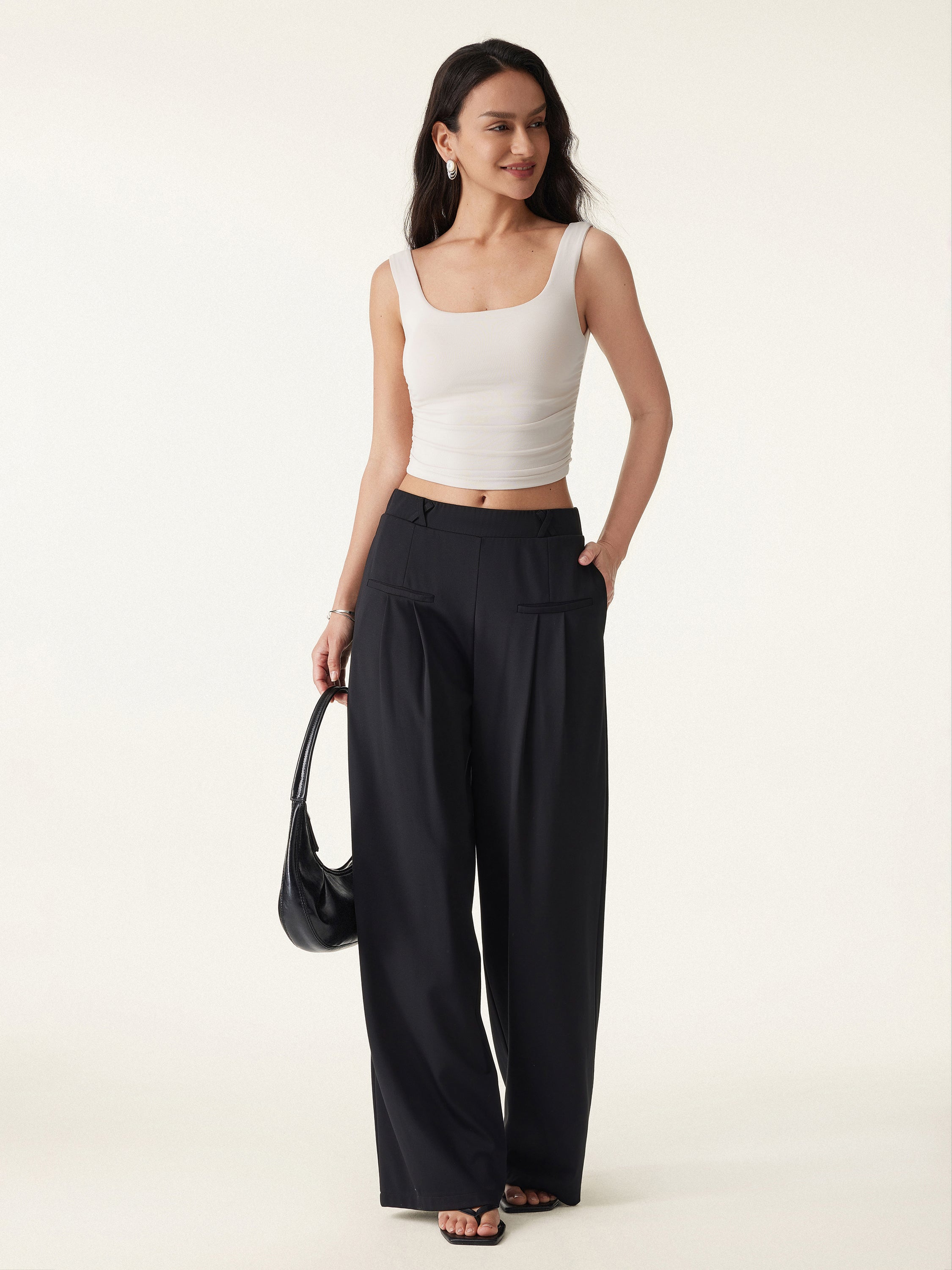 Drapey Bamboo Ponte Mid Rise Wide Leg Trouser Pockets
