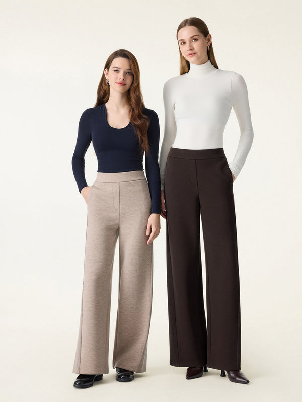 Ribbed Panel Mid Rise Wide Leg Pants with Pockets