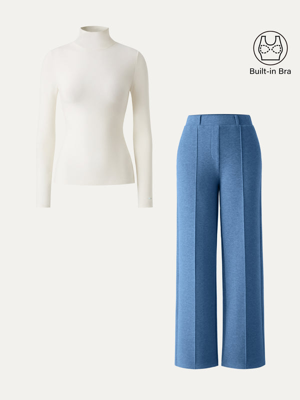 OGLmove 2Pcs Set Turtleneck Built-In Bra Top 3.0 & Straigh Leg Pull On Pant