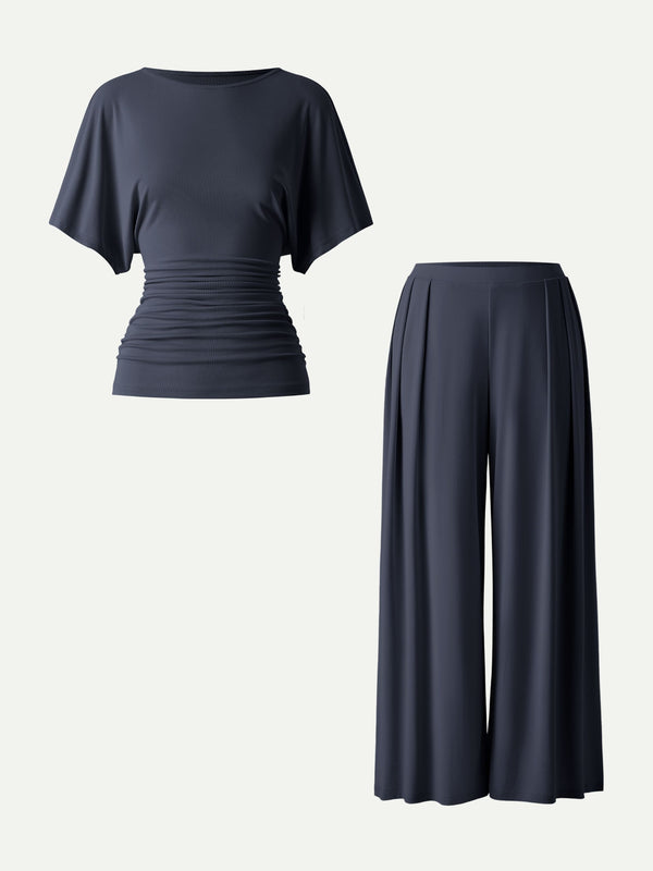 OGLmove 2Pcs Set Boatneck Batwing Sleeve Top & Wide Leg Palazzo Pant with Pockets