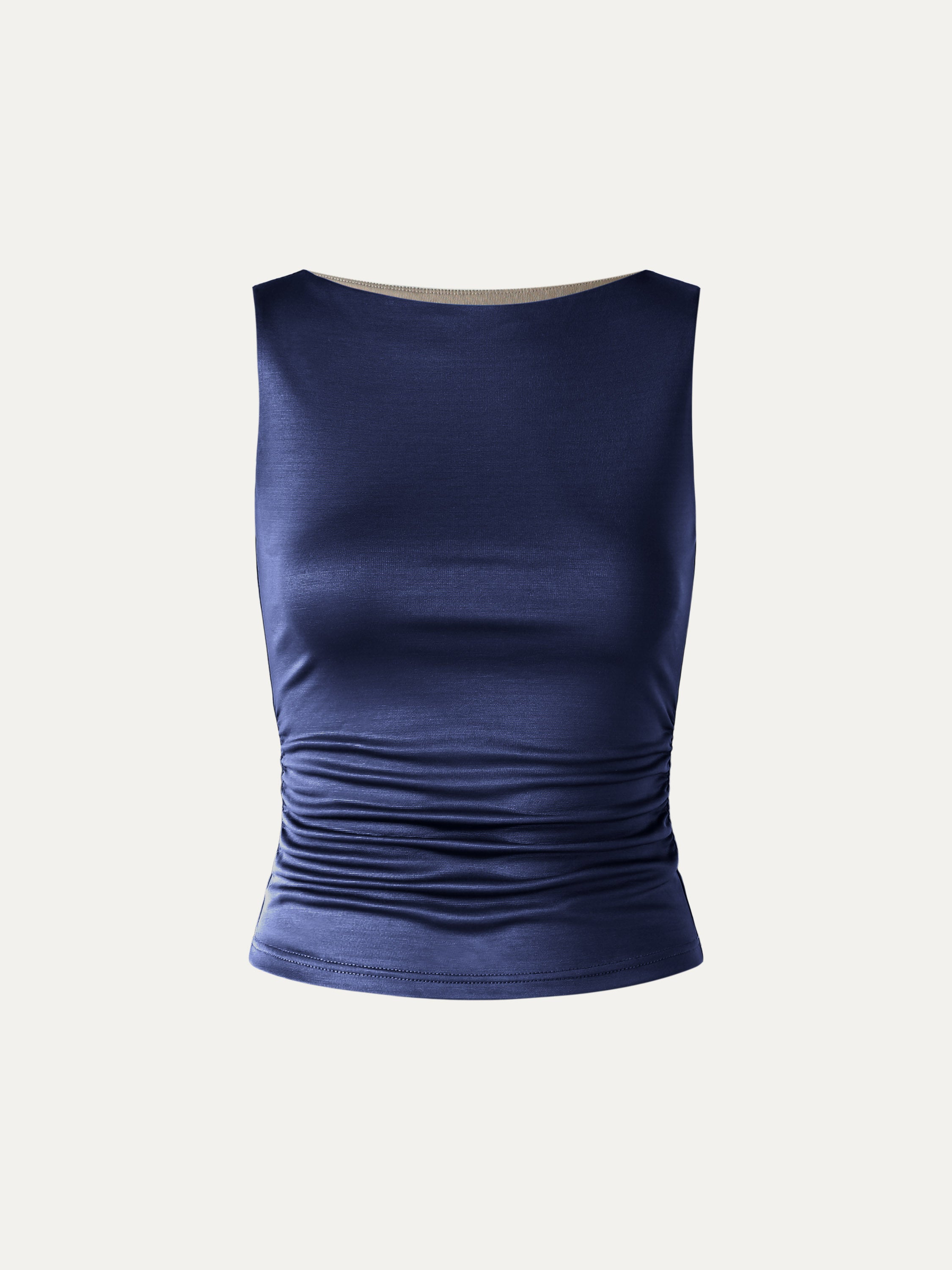 Silk-Like Acetate Ruched Sides Boatneck Tank - Navy