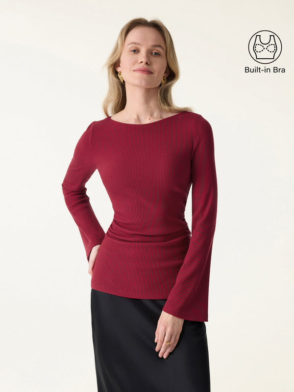 Ribbed Boatneck Bell Sleeve Ruched Brami