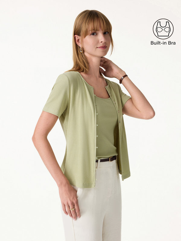 2Pcs Set Button-Front Cardigan & U-Neck Bra Tank