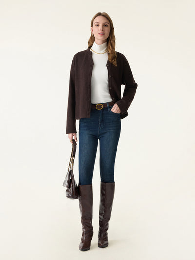 Cozy Knit Cropped Button Front Cardigan Black Chocolate XS