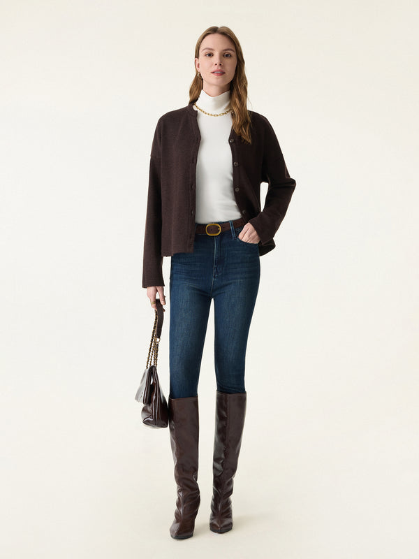 Cozy Knit Cropped Button Front Cardigan Black Chocolate XS