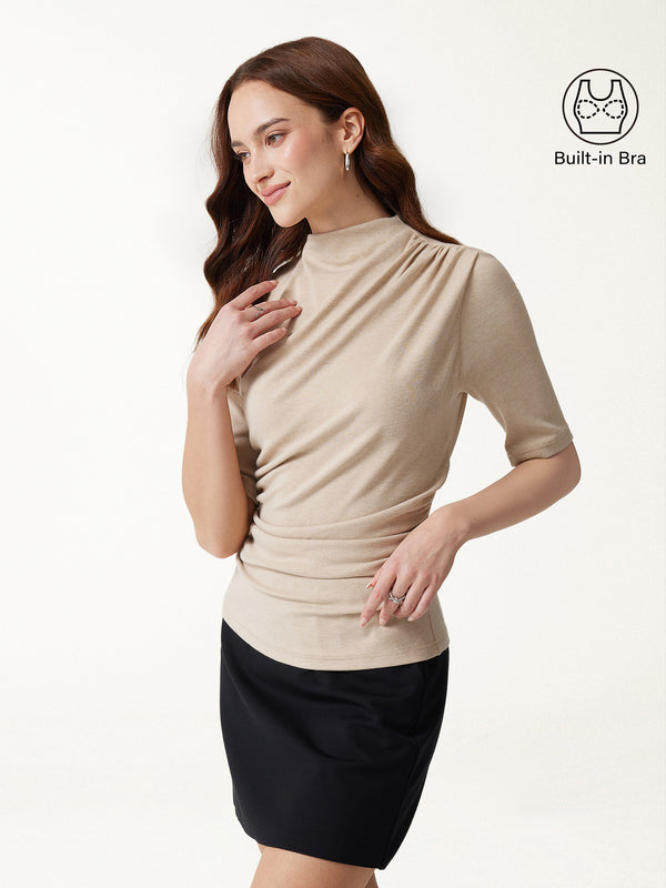 OGLmove LiteWarm Mock Neck Elbow Sleeve Built-In Bra Top 3.0 Natural Calico XXS