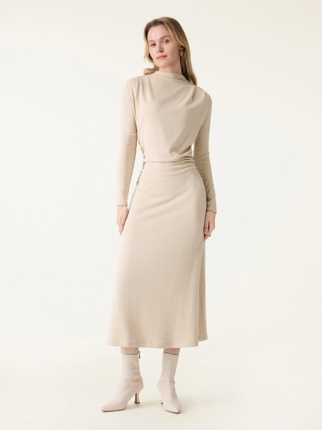 ProWarm Ruched Mockneck Fit-and-Flare Midi Dress