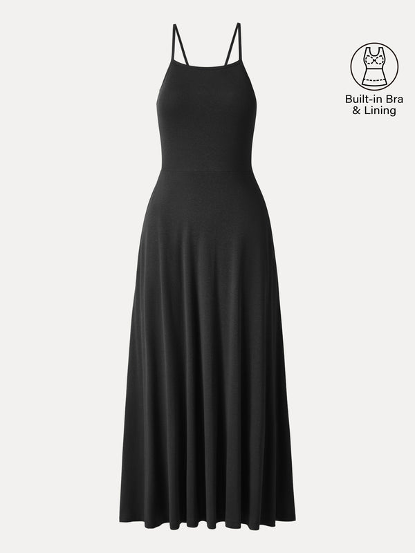 OGLmove Soft Linen Knit Spaghetti Midi Bra Dress Black XS