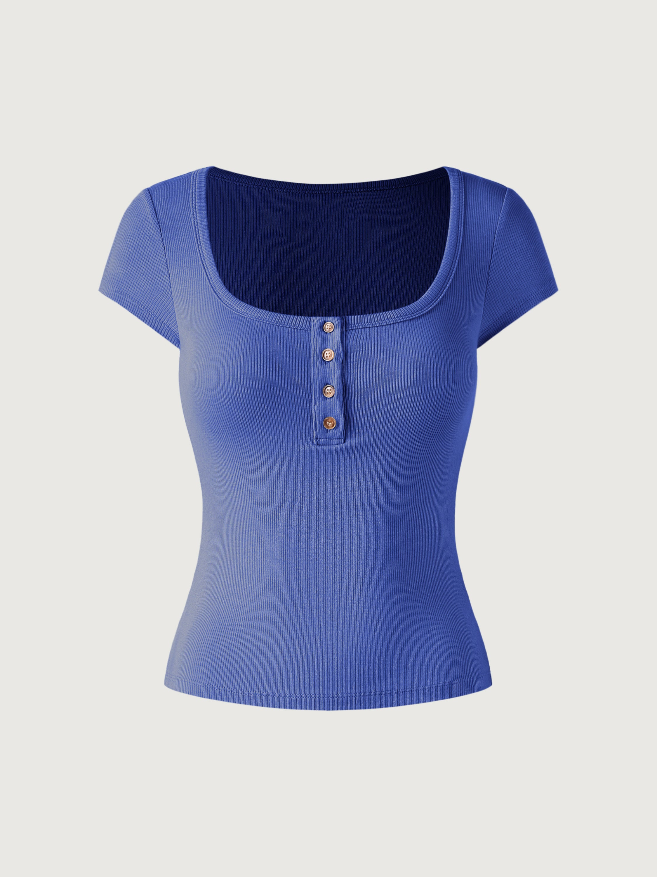 U-Neck Henley Short Sleeve Brami Top - Lapis Blue