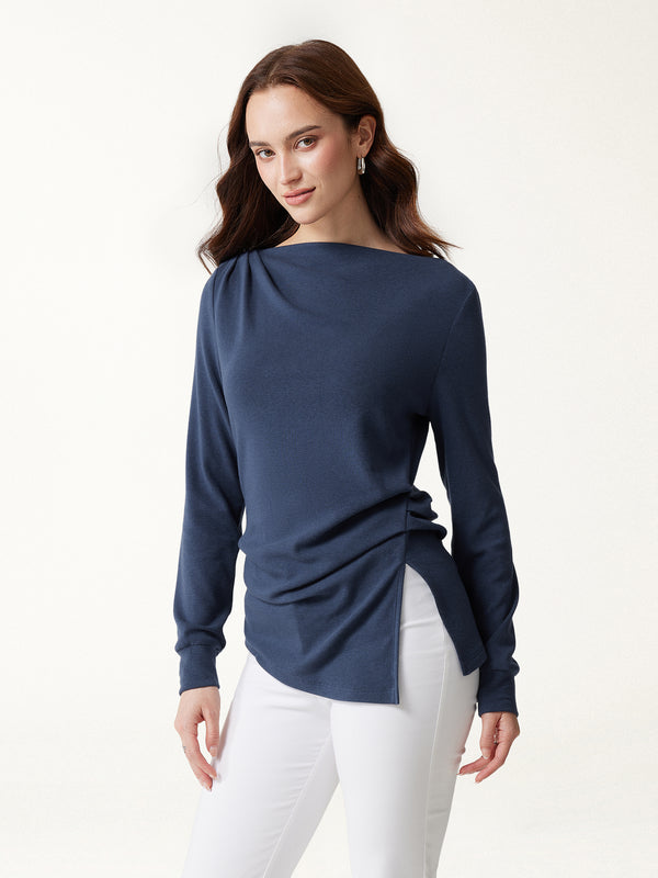 OGLmove LiteWarm Boatneck Tucked Ruched Top Indigo XXS