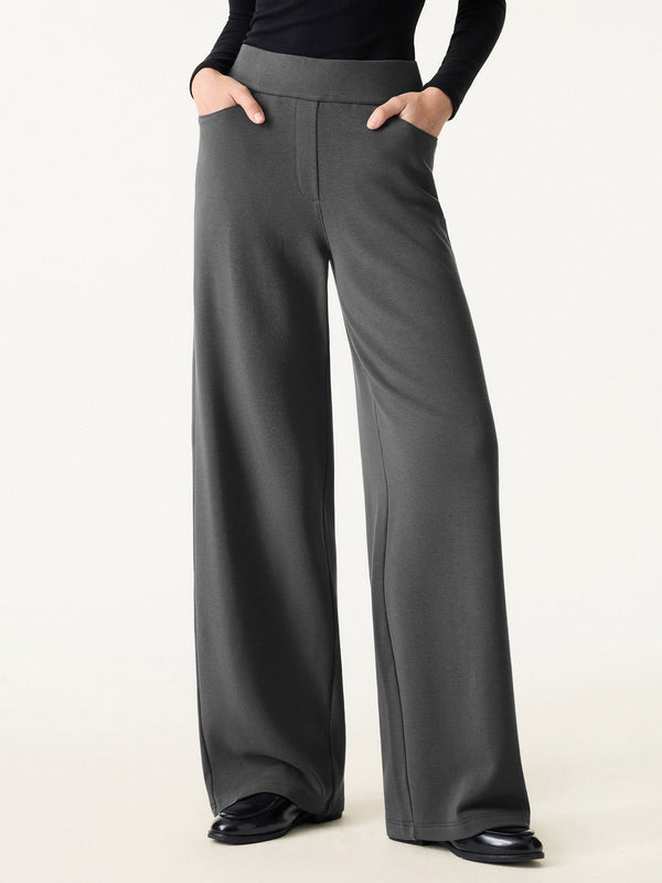 Mid Rise Wide Waistband Wide Leg Pull-on Pants with Pockets Regular Charcoal