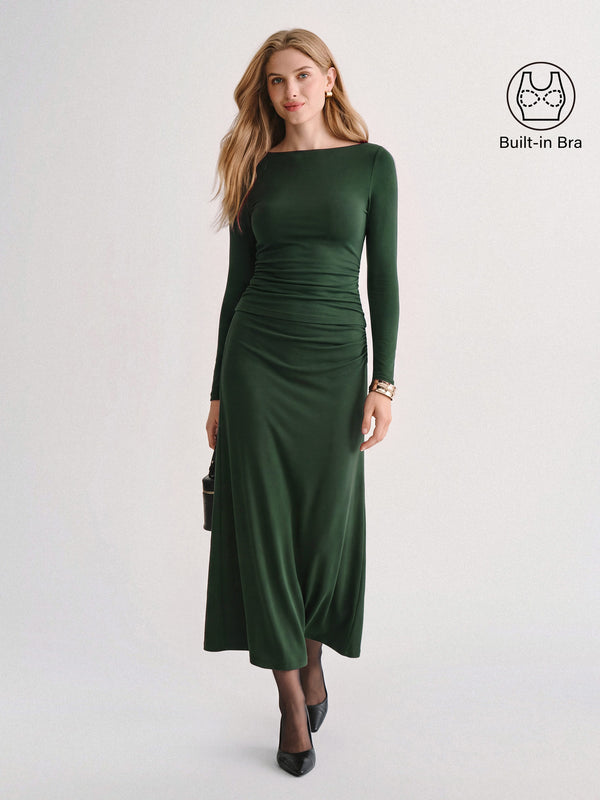 OGLmove 2Pcs Set Boatneck Built-In Bra Top 2.0 & Mid-Rise Ruched Flared Midi Skirt Deep Bush XXS