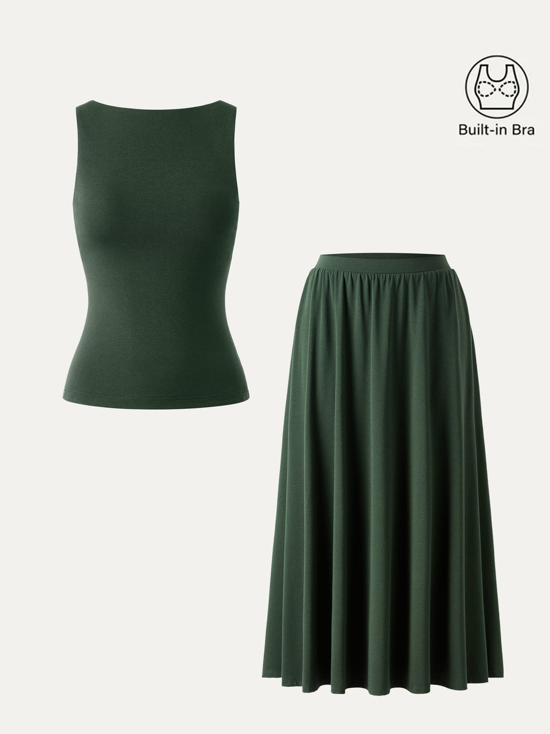 2Pcs Set Stretch Cotton Boatneck Brami Tank & Maxi Umbrella Skirt with Pockets