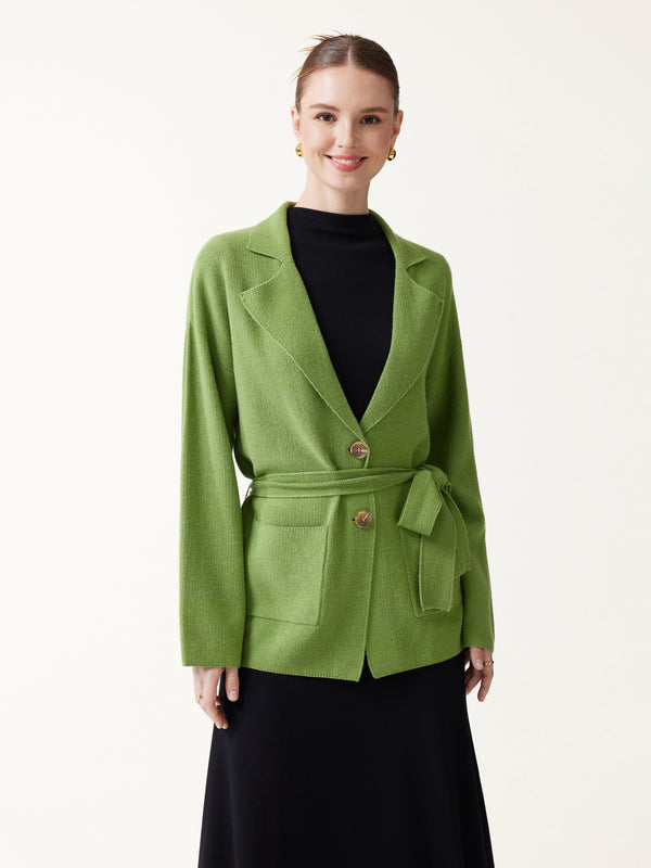 OGLmove Merino Blend Peaked Lapel Long Sleeve Belted Cardigan with Pockets Avocado Green XXS