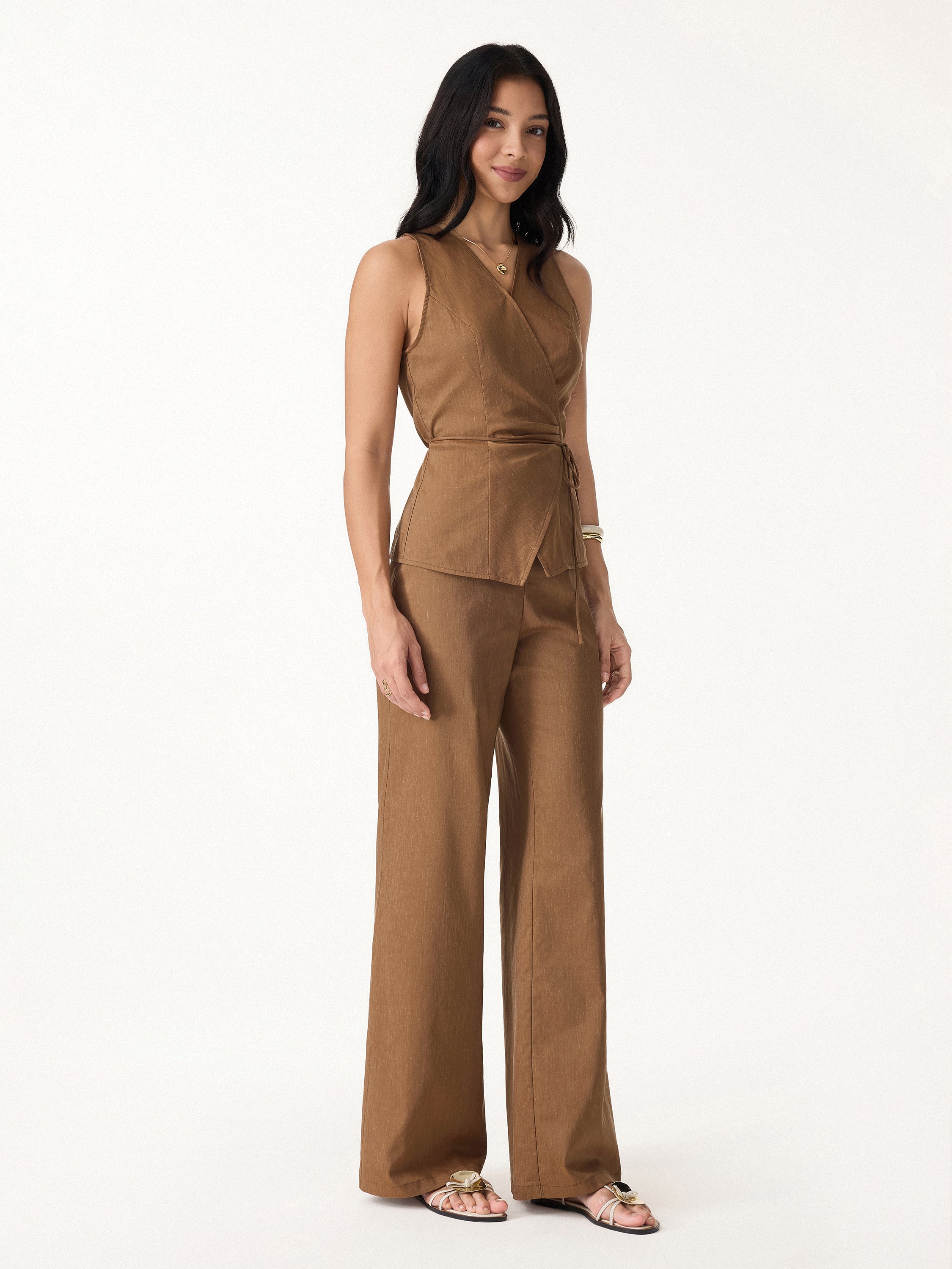 2Pcs Set Wrap Top Self Tie & Drawstring Wide Leg Pant Pockets