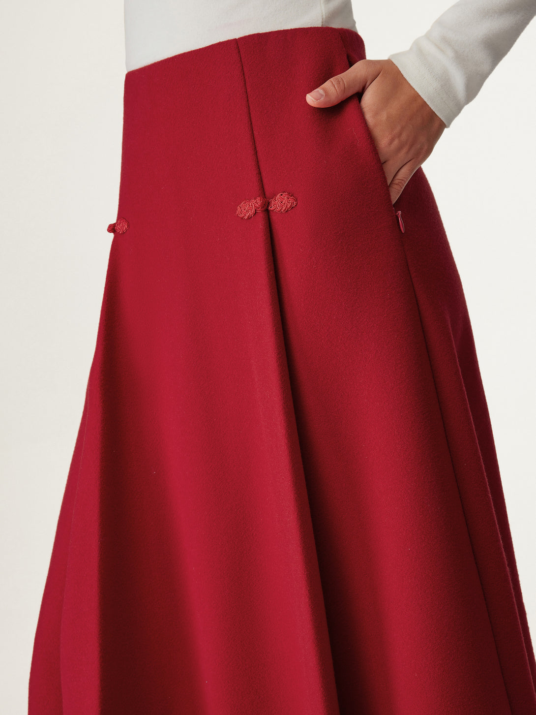 Wool-like Frog Button A-Line Midi Skirt