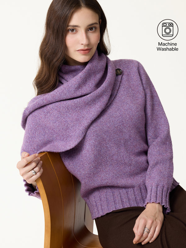 OGLmove Merino Blend Plush Sweater with Removable Scarf Heather Aubergine Purple XS